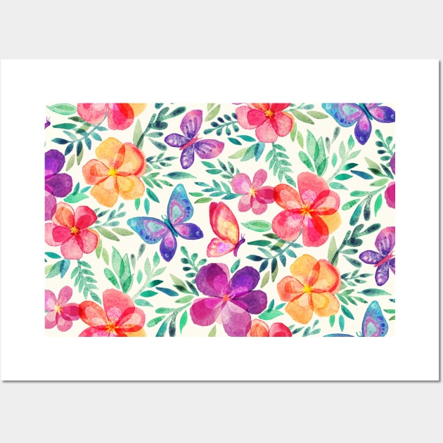 Summer Blooms & Butterflies on cream Wall Art by micklyn